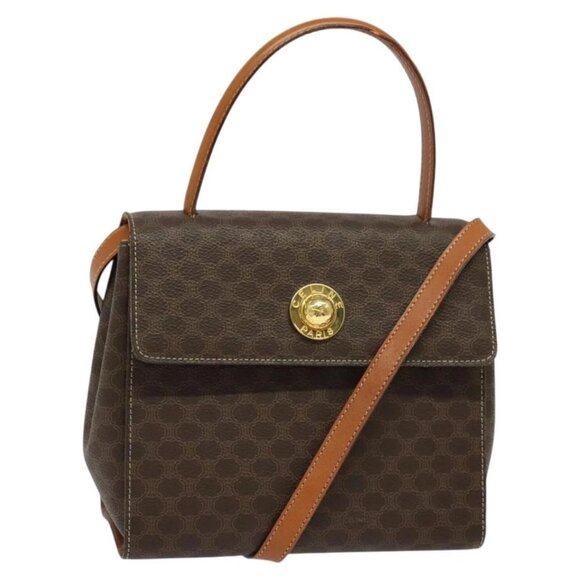 CELINE Macadam Canvas Hand Bag PVC Leather 2way Brown Gold - Picture 1 of 16